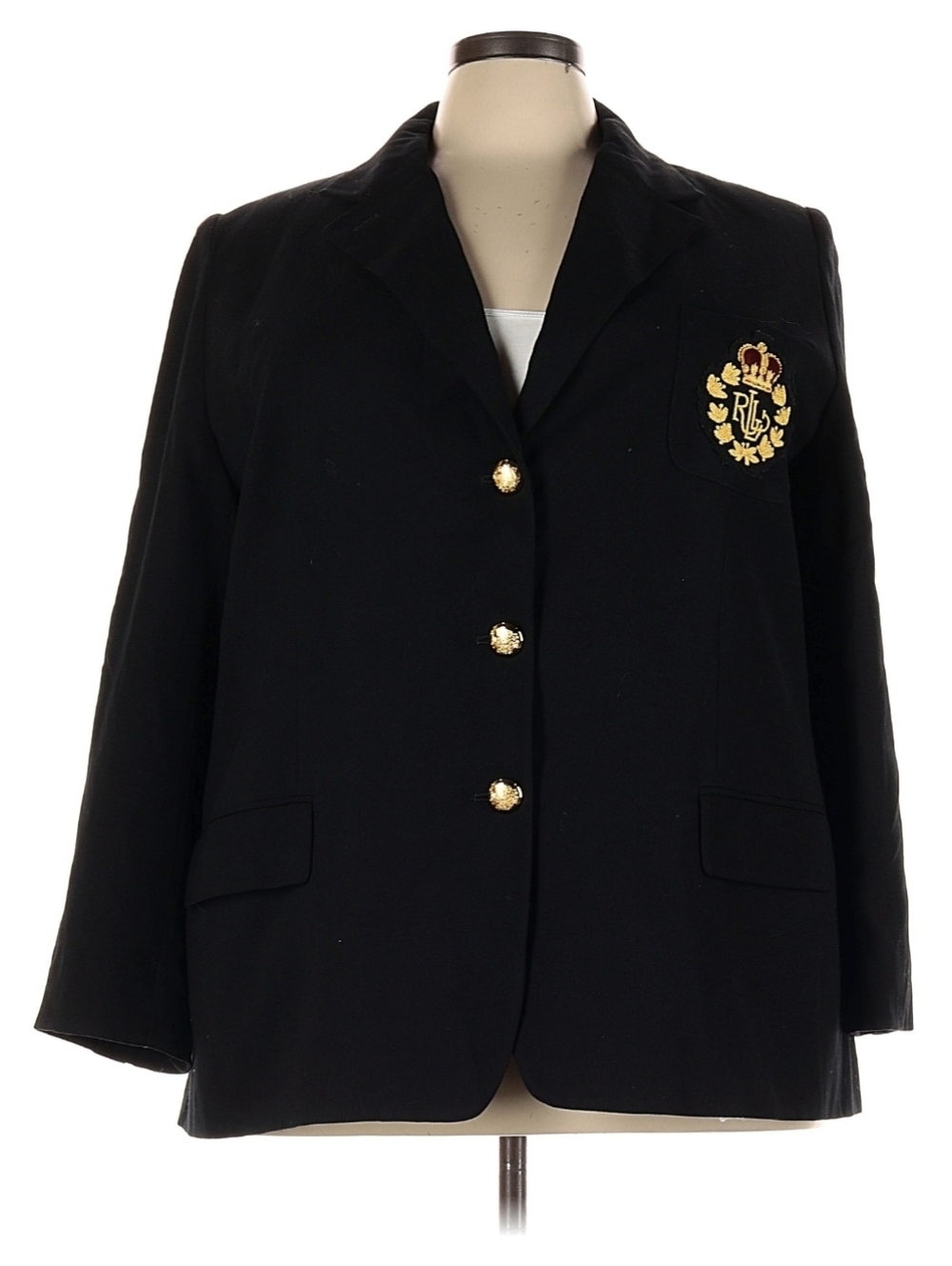 100% Wool Ralph Lauren Black Blazer Gold Crest Emblem Plus Size 24W NWOT